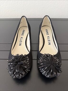 Anne Klein Black Pom-Pom Ballet Flats